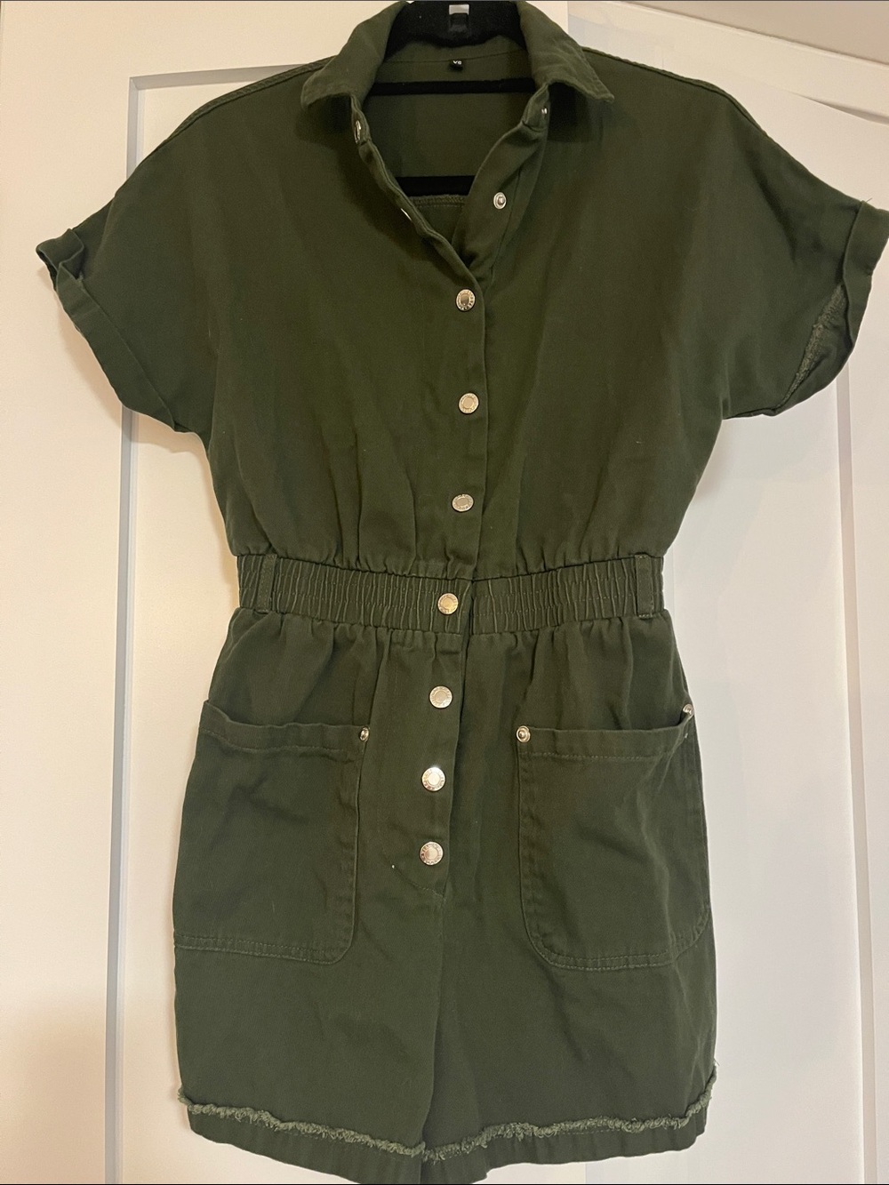 Olive Utility Button-Front Romper with Elastic Waist
